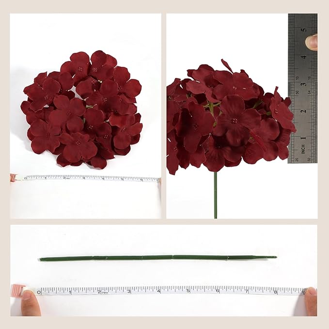Auihiay 64PCS Burgundy Hydrangea Artificial Flowers, Silk Hydrangea Heads with Stems, Fake Flowers for DIY Wedding Centerpiece, Home, Party, Baby Shower, Garden Decoration (Burgundy)