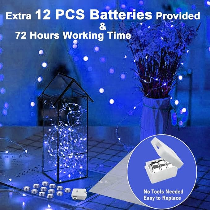 36 Pack Fairy Lights Battery Operated, 3 Speed Modes, Extra 40 Batteries for Replacement, 7Ft 20 LED Mini String Lights, Waterproof Copper Wire, Twinkle Firefly Lights for Christmas Decorations,Blue