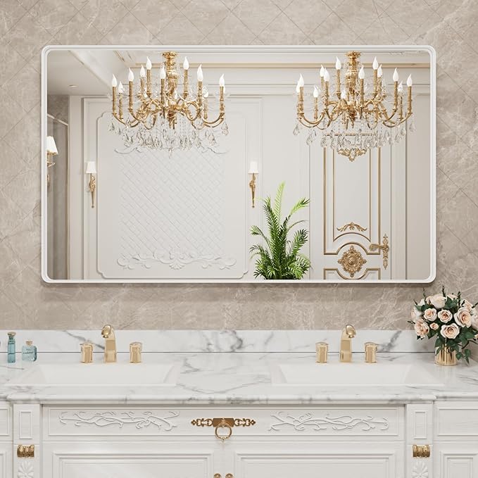 LOAAO 60x40 Inch White Metal Framed Bathroom Mirror for Wall, White Bathroom Vanity Mirror Farmhouse, Large Rounded Rectangle Mirror, Anti-Rust, Tempered Glass, Hangs Horizontally or Vertically