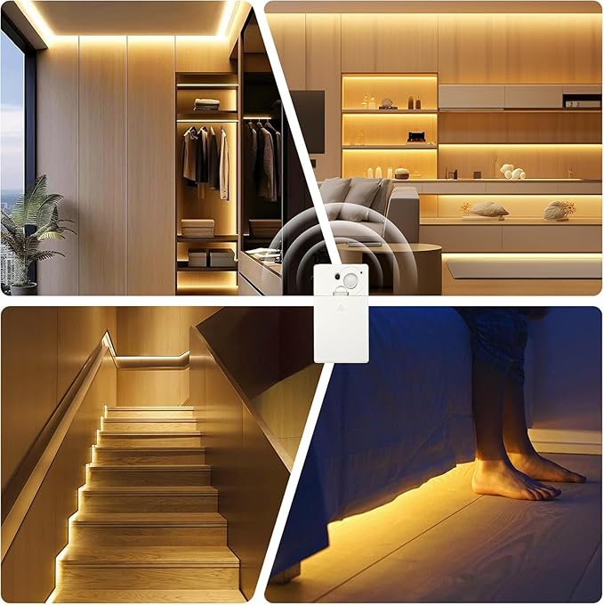 Battery Powered LED Strip Lights, COB Motion Sensor LED Strip Lights 20 inch x 3 Pack for Kitchen Under Cabinet Lighting, Shelves, Under Counter, Closet, Cordless Click Light, Warm White 3000K