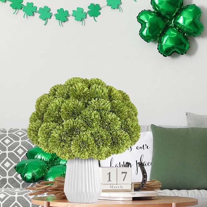 36 Pcs Artificial Chrysanthemums Flowers Green Ball Flower Silk Fake Mums Flowers for Home Decor Outdoor Wedding Floral Arrangement St Patricks Day Table Centerpiece