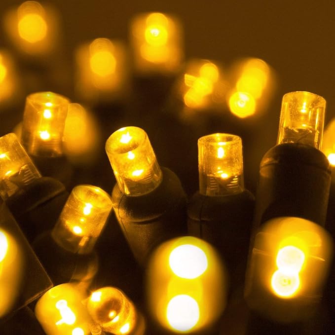 5mm LED Wide Angle Gold Prelamped Light Set, Green Wire - 70 5mm Gold LED Christmas Lights, 4" Spacing