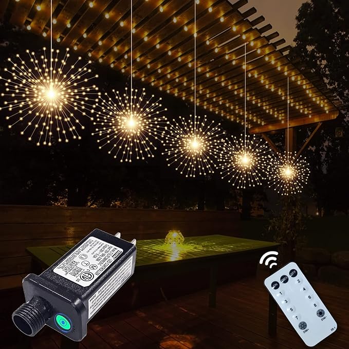 5 Pcs 1000LED Plug in Starburst Sphere Lights,Firework Light 8 Modes Dimmable Remote Control Waterproof Hanging Copper Wire Fairy Light for Patio Party Tent Christmas (Warm White)