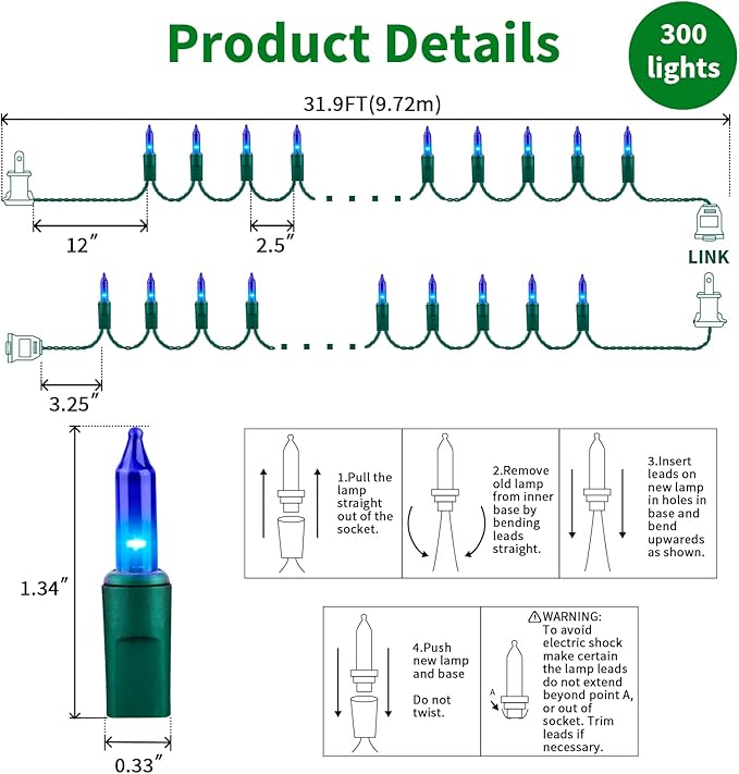 LAMPHOME Super-Bright Extendable Blue Christmas Lights Decoration 300Lights 63.8ft(2pk of 150L) UL Certified Mini Bulb String Lights Set for Outdoor Christmas Tree Garden Holiday Party Patio Decor