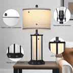 27in Tall Farmhouse Table Lamp with USB C+A & Outlet,Black Industrial End Table Lamp for Living Room,Vintage Rustic Bedside Lamp with Night Light for Bedroom Nightstand,Single Black