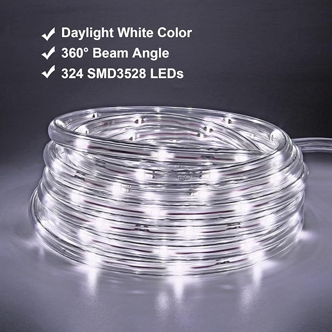 48ft White LED Rope Lights Outdoor Waterproof - 324 LEDs Christmas Rope Lights, 120V ETL Certified, Connectable to 192ft, w/24 Mounting Clips & Screws - Wedding & Home Decor
