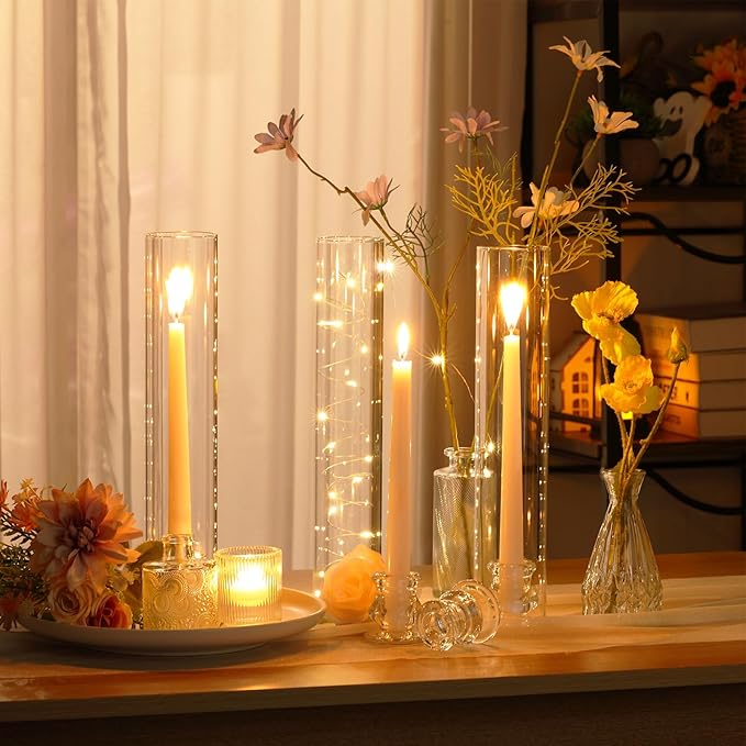 36 Set Christmas Glass Hurricane Candle Holders 12.6" Open Ended Glass Candleholder Tube Shape Bottomless and 2.2" Taper Clear Candlestick Holders for Wedding Party Table Centerpiece (Clear)