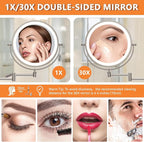 Auxmir 1X/30X Wall Mounted Lighted Makeup Mirror, 8" 3200 mAh Rechargeable Double-Sided Magnifying Mirror, Touch Dimmable 3 Color Lights, 360° Rotating Foldable 14.5" Extension Arm, Brushed Nickel