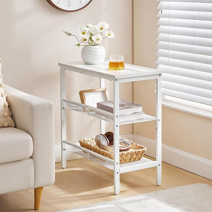 HOOBRO End Table, 3-Tier Narrow Side Table, Nightstand with 2 Flat or Slant Adjustable Shelves for Small Spaces, Hallway, Living Room, Bedroom, Sturdy, Easy Assembly, White WT23BZ01G1