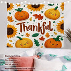Batmerry Thankful Fall Pumpkins Tapestry, Happy Pumpkins Sunflowers Maple Leaves Wall Art Hanging Decoration Polyester Fiber White Ruffled Around for Dorm Room Bedroom Living Room, 51.2x59.1 inches