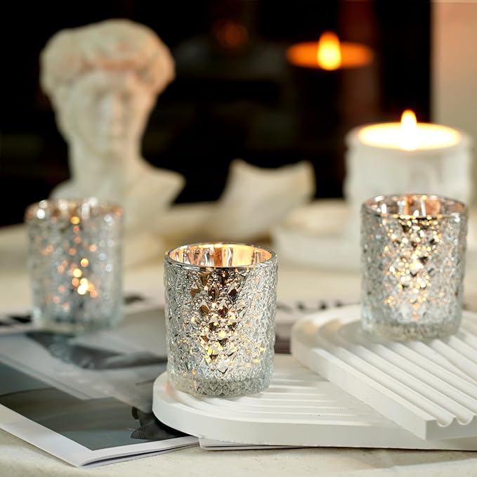 Homemory 12 Pack Silver Glass Votive Candle Holders, Tealight Candle Holder, Vintage Candle Holders Bulk for Table Centerpieces, Christmas, Baby Showers, Birthday, Wedding, Party