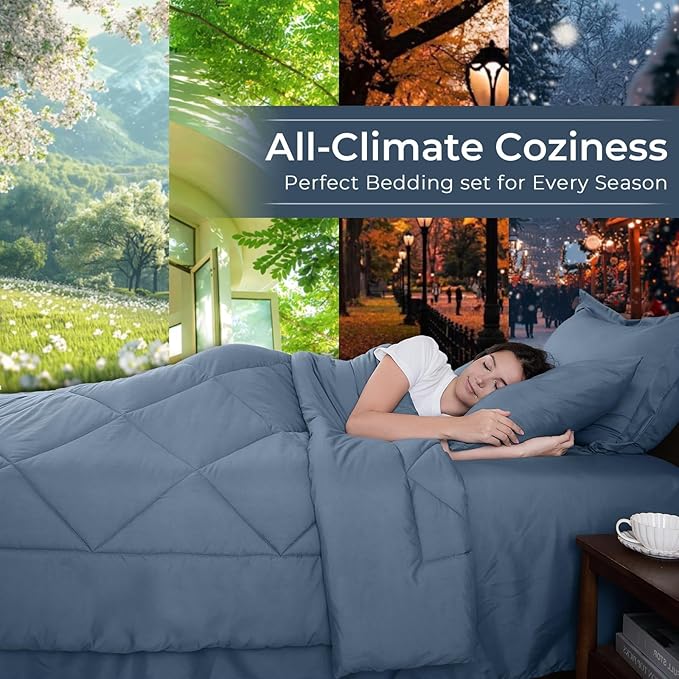 HEVUMYI Dusty Blue Twin Comforter Set - 5-Piece All Season Bed in a Bag Twin, Ultra Soft Bedding Set with Comforter, Flat Sheet, Fitted Sheet, Pillowcases, Pillow Shams