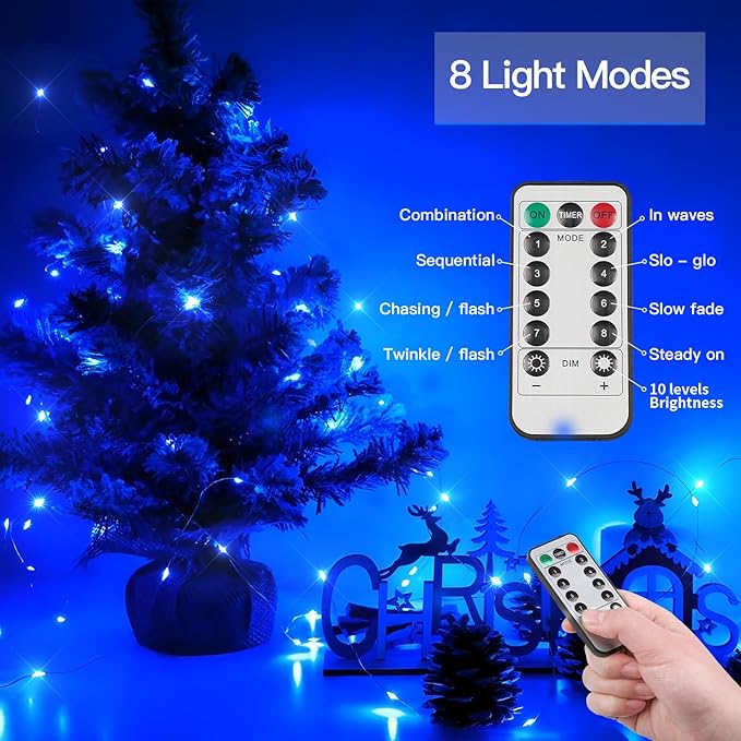 suddus 33ft 100 LED Outdoor String Lights, Blue Fairy Lights Battery Operated with Remote, Led Twinkle Lights for Bedroom, Backyard, Wedding, Tree, Mason Jar, Wall, Centerpiece, Christmas
