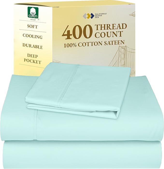 California Design Den Soft Twin Sheets Set - 400 Thread Count Sateen, 100% Cotton Sheets, Deep Pockets, Cooling and Durable Bedding Set for Dorm Rooms & Adults - Seafoam