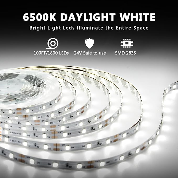 dalattin White LED Strip Lights 100ft, Dimmable Bright 24V Led Light Strip 6500K Daylight White 1800 LEDs Lights for Bedroom, Mirror, Kitchen, Strong Adhesive, 2 roll of 50ft