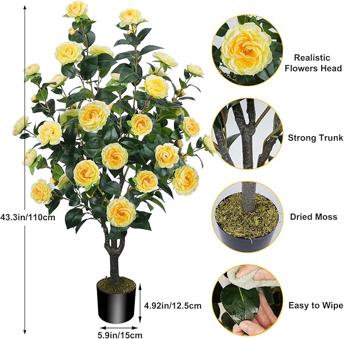 3.6FT Artificial Camellia Fake Tree, Artificial Plants & Flowers with 32 Yellow Flowers for Door Front Decoration Porch Patio Living Room Office Indoor Outdoor Decoration (Contains Dried Moss)