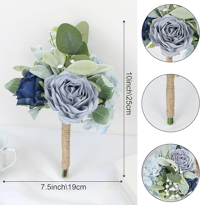 Artificial Bridesmaid Bouquets - Set of 4 Silk Rose Flowers Bouquet Wedding Rustic Small Floral Centerpieces for Marriage Proposal Party Anniversary Dining Table Decorations - Blue,7 Inch