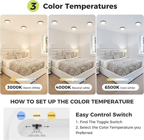 1PACK Flush Mount LED Ceiling Light Fixture - Black, 6.5Inch 12Watt, Dimmable & 3 Color Selectable - 1200LM Low Profile Light for Kitchen, Bedroom, Hallway, Porch