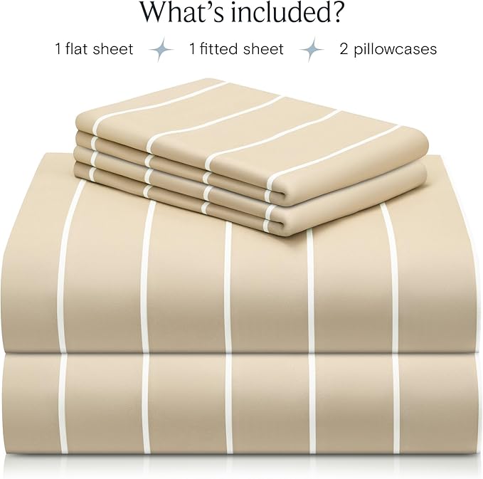 LuxClub 4 PC Full Size Sheet Set Bed Sheets, Breathable Luxury Deep Pockets Wrinkle Free Cooling Sheets Machine Washable Hotel Bedding (Full, Striped Cream)