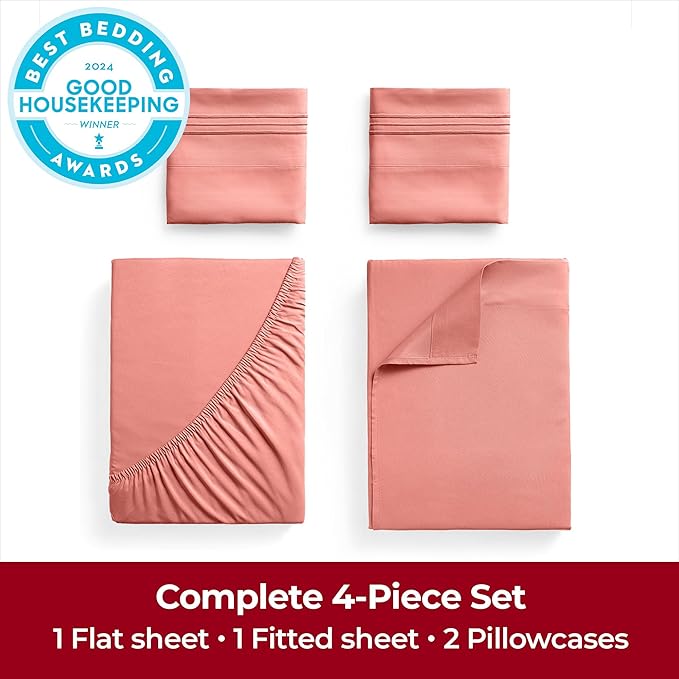 Mellanni Extra Deep King Sheets - 4 PC Iconic Collection Bedding - Hotel Luxury, Ultra Soft, Cooling Bed Sheets - Wrinkle, Fade, Stain Resistant (King, Coral)