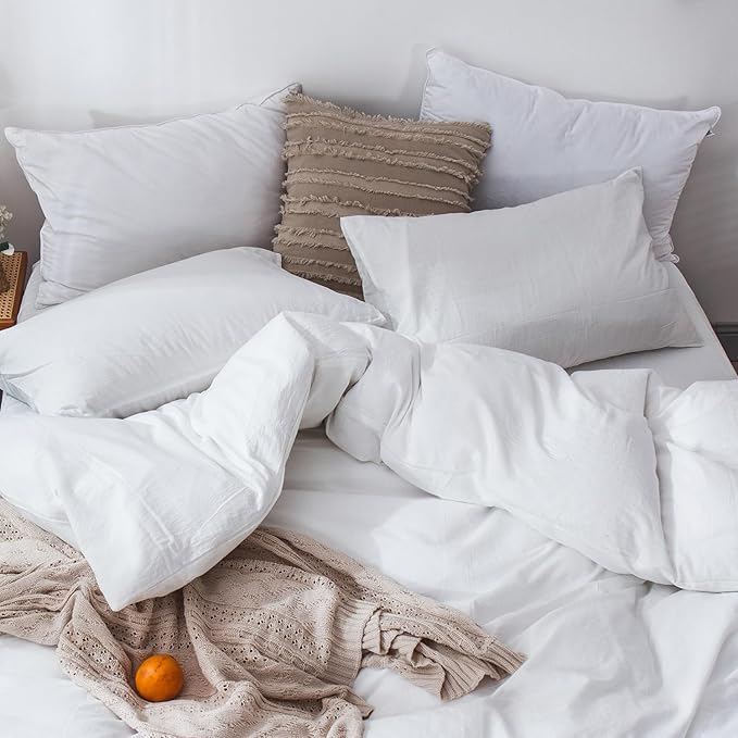 MooMee Bedding Duvet Cover Set 100% Washed Cotton Linen Like Textured Breathable Durable Soft Comfy (Solid Off White, Full 80"x90")