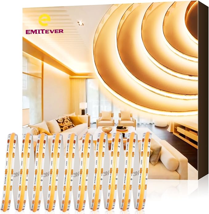 EMITEVER COB LED Strip Lights Warm White, 2700K Tape Light 32.8ft, Premium High Density, DC 24V, 300+Lumens/ft, 4800LEDs/Spool, Ra 90, 3W/ft, UL Listed 5 Year Warranty (Power Supply Sold Separately)