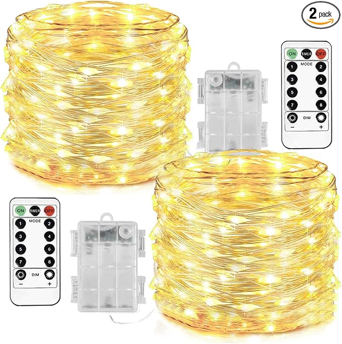 Homemory 2 Pack 33 Ft 100 LED Fairy Lights Battery Operated Christmas Lights with Remote Waterproof 8 Modes Firefly Twinkle String Lights for Christmas, Wedding Outdoor Decorations(Warm White)