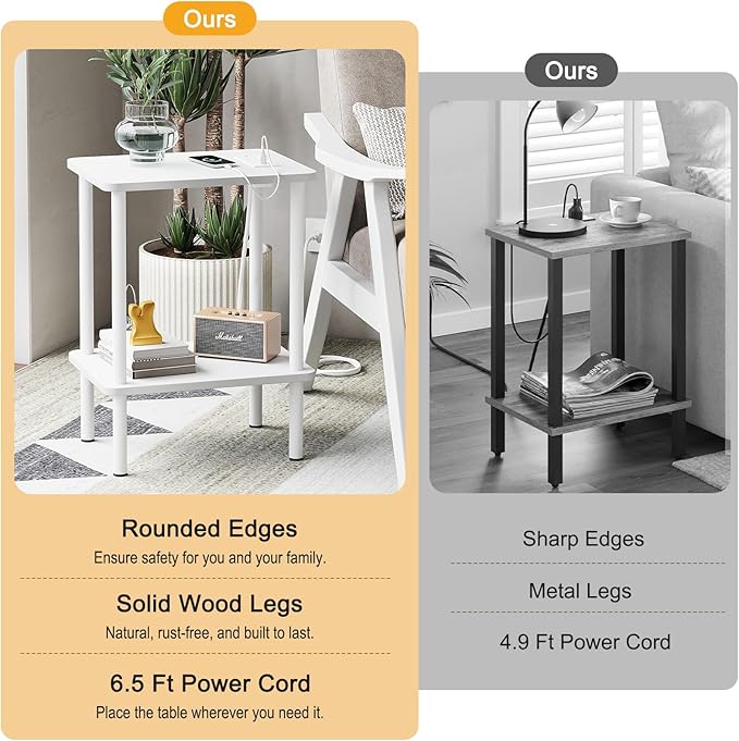 Apicizon 2 Tier End Table, Small Side Table with Charging Station, Boho Bedside Table with USB Ports and Outlets, Nightstand for Small Spaces, Bedroom, Living Room, Entryway, Easy Assembly, White