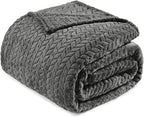 Exclusivo Mezcla Fleece Queen Size Blanket for Bed, 90x90 Inches Soft Cozy Jacquard Flannel Blankets, Lightweight Fuzzy Plush Warm for Winter, Dark Grey