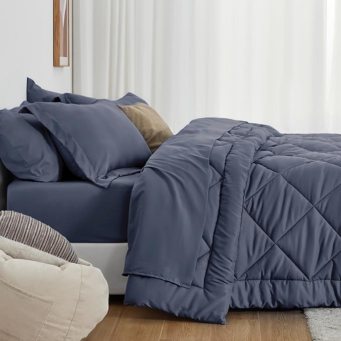 Love's cabin Queen Comforter Set Navy Blue, 7 Pieces Queen Bed in a Bag, All Season Bedding Sets with 1 Comforter, 1 Flat Sheet, 1 Fitted Sheet, 2 Pillowcase and 2 Pillow Sham