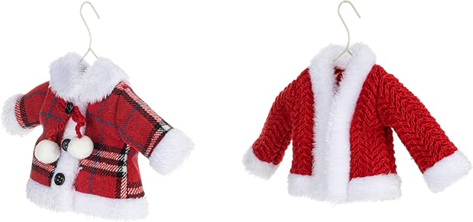 DEMDACO Cozy Time Red, White, Plaid 5 x 7 Inch Knit Polyester Christmas Tree Decoration, Festive Holiday Décor Hanging Ornaments, Set of 2, Winter Coats On Hanger