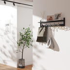 BAMEOS Wall-Mounted Shelf with Hooks - 28.9 Inch Entryway Hanging Shelf with 5 Dual Hooks for Bathroom, Living Room, Bedroom (Black)