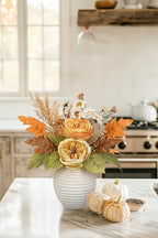 Artificial Fall Floral Centerpiece with Vase, Fake Flowers for Autumn Table Decorations, Silk Rose & Maple Leaves Arrangement, Rustic Cement Vase Harvest Decor for Dining Table, Kitchen, Living Room