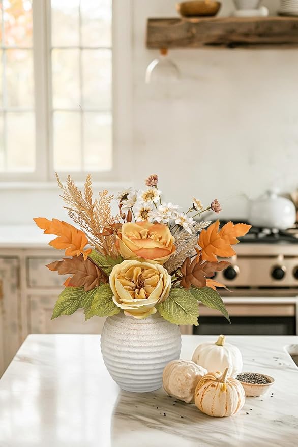 Artificial Fall Floral Centerpiece with Vase, Fake Flowers for Autumn Table Decorations, Silk Rose & Maple Leaves Arrangement, Rustic Cement Vase Harvest Decor for Dining Table, Kitchen, Living Room