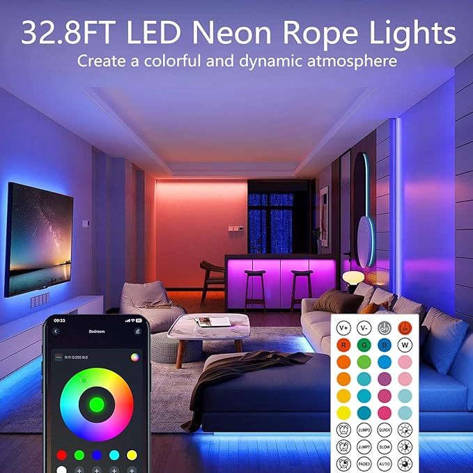 32.8FT RGB Rope Lights,Flexible Led Neon Light Control with App/Remote,Multiple Modes,IP67 Outdoor Waterproof,Music Sync Strip for Bedroom