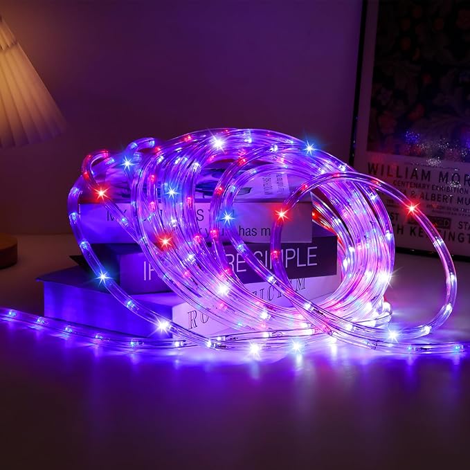 50ft 360 LED Waterproof Rope Lights, 110V Connectable Indoor Outdoor Led Rope Lights for Deck, Patio, Pool, Camping, Bedroom Decor, Landscape Lighting and More (RED+White+Blue)
