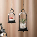5" & 4" Wide Versatile Metal Candle Holder in Black with Handmade Thick, Heavy & Sturdy Glass Dome for Pillar Candle, Industrial, Modern, Shelf, Mantel, Veranda, Porch (2, Black, Large & Small)