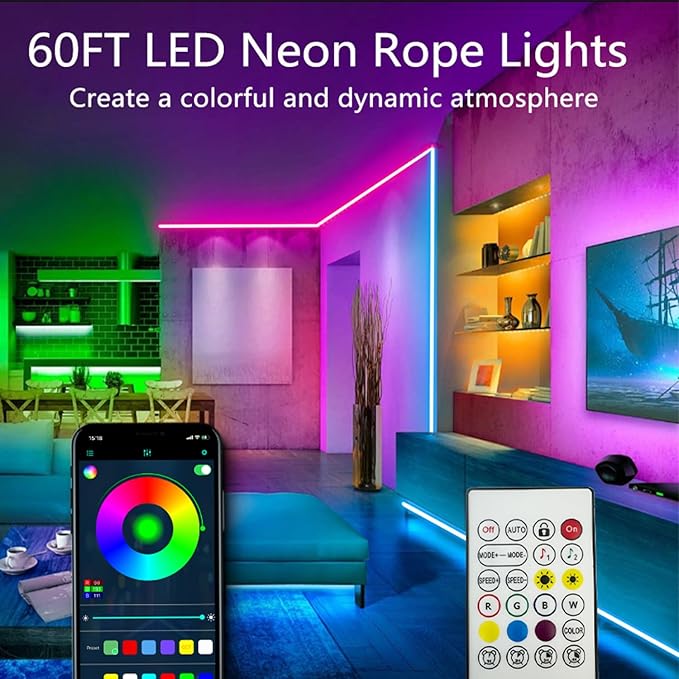 80FT Neon Rope Lights,Flexible Led Rope Light Control with App/Remote,Multiple Modes,Music Sync,IP65 Outdoor RGB Led Strip Lights Waterproof