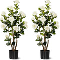Artificial Camellia Tree 2 Pack, Artificial Plants Outdoor Faux Floral Plant in Cement Pot Fake White Silk Camellia Tree Plants for Home House Living Room Office Decor (White)