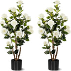 Artificial Camellia Tree 2 Pack, Artificial Plants Outdoor Faux Floral Plant in Cement Pot Fake White Silk Camellia Tree Plants for Home House Living Room Office Decor (White)