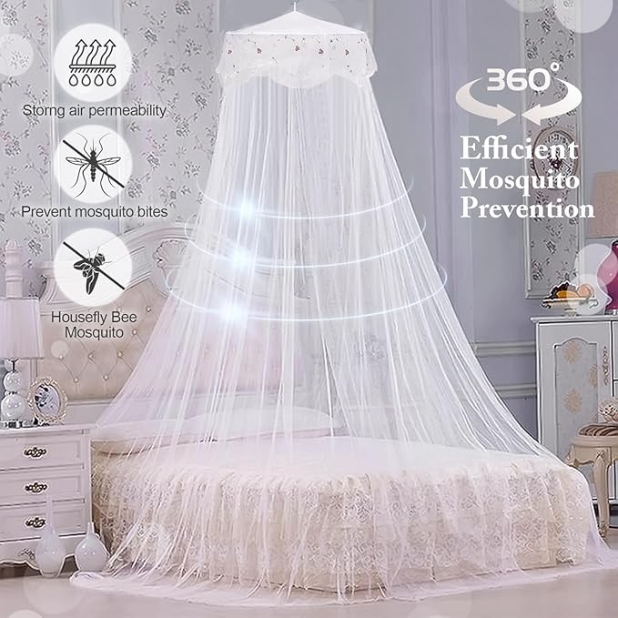 Jeteventy Bed Canopy for Girls, Princess Bed Curtain Net for Single to King Size,Bedroom Decoration of Round Lace Dome with Stainless Steel Hook,Quick Easy Installation (White)