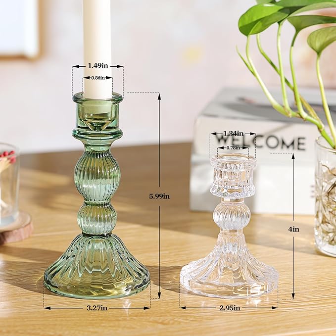 DARJEN 2 Pcs Green Candlestick Holders - Vertical Stripe Glass Candle Holders for Taper and Votive Candles, Taper Candle Holder for Home, Wedding, Decor & Table Centerpieces