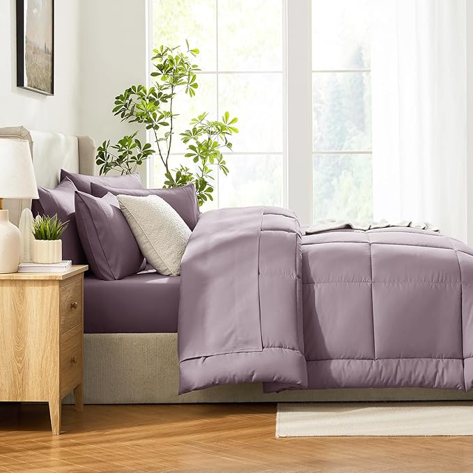 CozyLux Queen Size Comforter Set Dusty Purple - 7 Pieces Bed in a Bag Dusty PurpleComforter Queen Size, Bedding Set with All Season Quilted Comforter, Flat Sheet, Fitted Sheet, Pillowcases