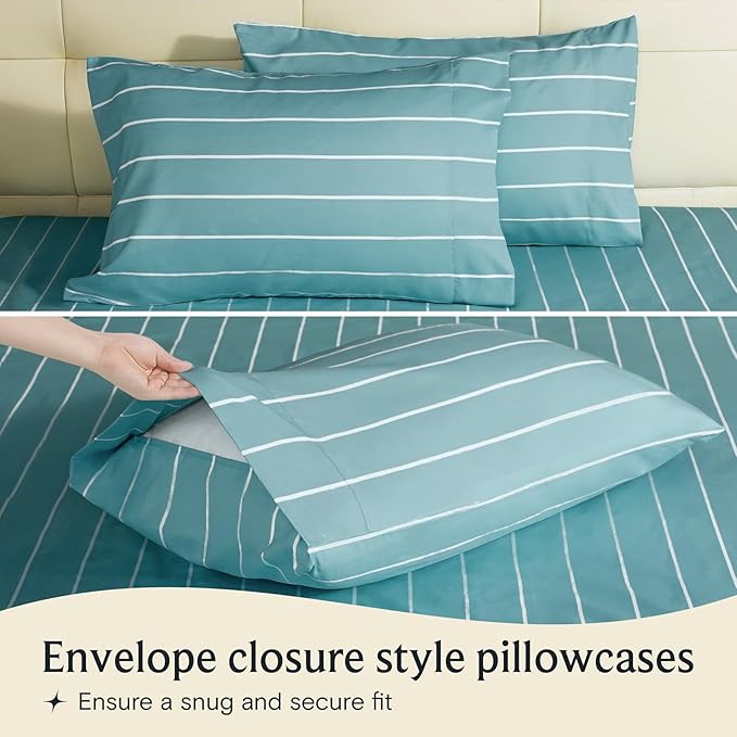 LuxClub 4 PC Queen Size Sheet Set Bed Sheets, Breathable Luxury Deep Pockets Wrinkle Free Cooling Sheets Machine Washable Hotel Bedding (Queen, Striped Light Blue)