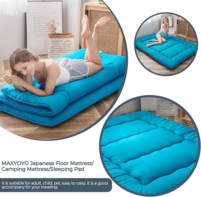 MAXYOYO Japanese Floor Mattress Futon Mattress, Thicken Tatami Mat Sleeping Pad Foldable Roll Up Mattress Boys Girls Dormitory Mattress Pad Kids Floor Lounger Bed Couches and Sofas, Turquoise, Queen