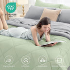HEVUMYI Twin Comforter Set - 5-Piece All Season Bed in a Bag Twin, Ultra Soft Bedding Set with Comforter, Flat Sheet, Fitted Sheet, Pillowcases, Pillow Shams, Sage Green & Light Grey