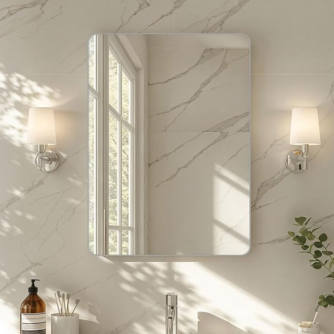 30x22"Bathroom Vanity Mirror for Wall, Aluminum Framed, Farmhouse Rectangle, Anti-Rust, HD Reflection Anti-Desilvering, Distortion Free, Tempered and Shatter-Proof Wall Mounted Mirror, Silver