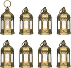 8Pcs 5-inch Mini Lanterns Centerpieces for Table, Baby Shower Decorations, Vintage Small Lantern for Halloween Decorations, Party Lights for Enchanted Forest Decorations, Wedding Decor, Brushed Brass