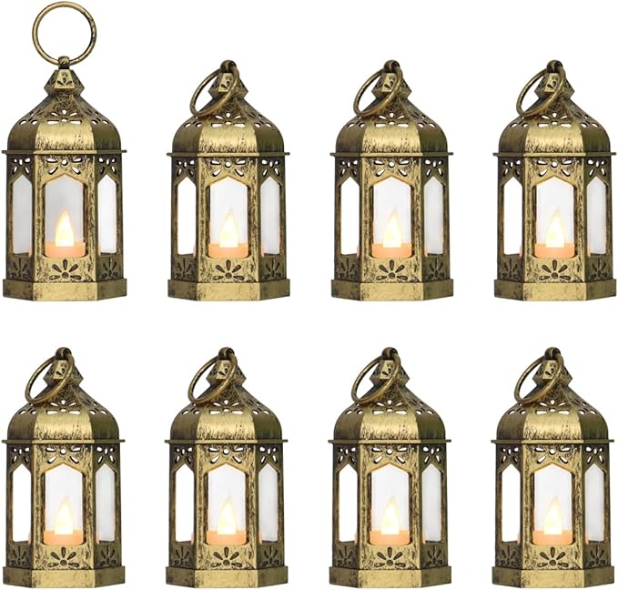 8Pcs 5-inch Mini Lanterns Centerpieces for Table, Baby Shower Decorations, Vintage Small Lantern for Halloween Decorations, Party Lights for Enchanted Forest Decorations, Wedding Decor, Brushed Brass