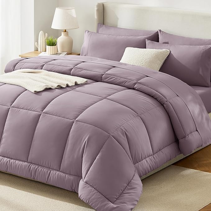 CozyLux Queen Size Comforter Set Dusty Purple - 7 Pieces Bed in a Bag Dusty PurpleComforter Queen Size, Bedding Set with All Season Quilted Comforter, Flat Sheet, Fitted Sheet, Pillowcases
